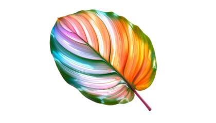 A digitally rendered colorful leaf with bold, painted-style stripes, on black