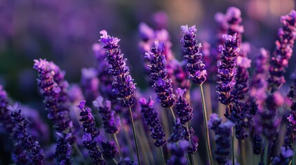 Lavender flowers growing in a garden during sunset, showcasing their vibrant colors against the evening light, attracting bees and butterflies to the area