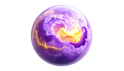 Orb of swirling purple and gold nebulous clouds with a black backdrop