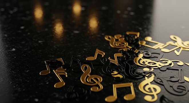 Golden and black music note confetti celebrating the Grammys Recap award show concept with elegant bokeh lights on a dark background