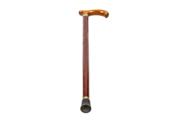 Wooden walking cane with curved handle isolated on transparent background