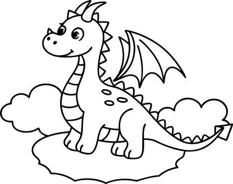 friendly dragon standing on rock with clouds in background, fantasy creature illustration