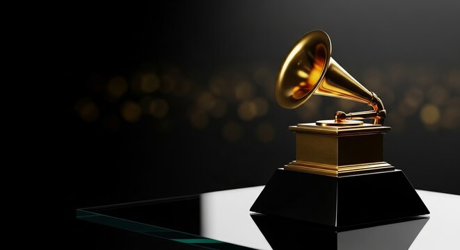 Luxurious golden Grammy trophy on a dark background, a symbol of music excellence and celebration concept for an awards recap.