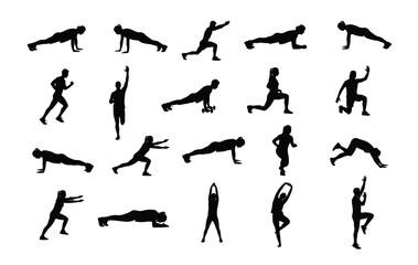 Collection of black silhouettes performing various fitness exercises, ideal for health and fitness themes.