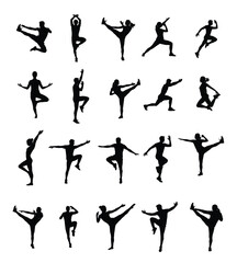 Collection of 20 black silhouettes showcasing dancers in various poses and movements, ideal for fitness and dance themes.