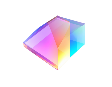 Isometric view of a translucent, prism-like geometric shape, with rainbow hues - Powered by Adobe