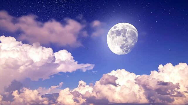 Majestic full moon shining brightly in the night sky with f clouds.