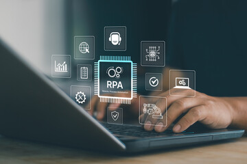 Robotic Process Automation concept with RPA chip interface over laptop, showing digital workflow, AI technology, business automation, data processing, smart enterprise software solutions.