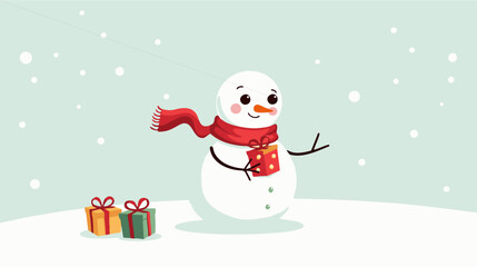 Cheerful snowman holding a red gift box with snowy background, falling snowflakes, and festive presents. Cute winter holiday vector for Christmas and seasonal celebration.