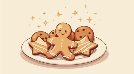 Festive cookie plate vector featuring gingerbread man, star-shaped iced cookies, and chocolate chip rounds. Cute holiday baking illustration with sparkles for seasonal design.