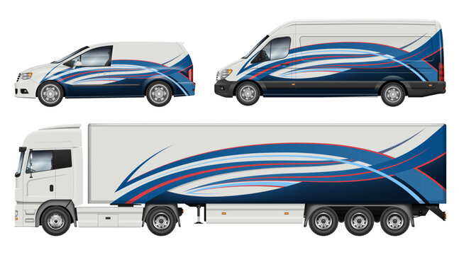 Vector vehicle branding mockup set. Car, van, and semi trailer truck with blue and red abstract corporate identity wrap design template. Transport fleet livery side view