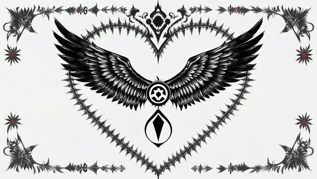 Ornate winged heart design with thorns and decorative elements.