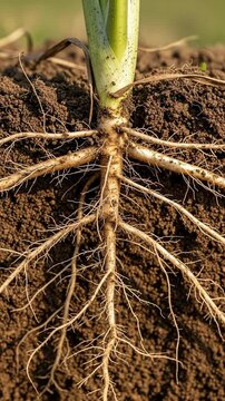 Close-up of plant stem with extensive root system sprouting from rich soil.