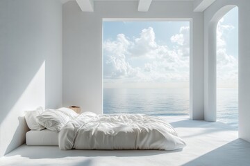 White home bedroom interior with a bed and panoramic window, complemented by mockup frames for easy customization, Generative AI