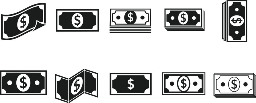 money, dollar, cash, banknote, bill, currency, finance, payment, icon, symbol, vector, silhouette, wealth, 
