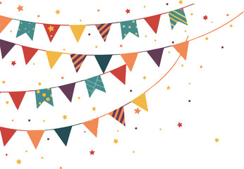 Diagonal strings of colorful bunting flags with stars, stripes, and polka dots. Festive vector decoration with confetti for party, celebration, and event design themes.