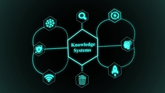 Knowledge systems illustration featuring interconnected digital nodes, centralized intelligence hub, structured data flow, and advanced information architecture.