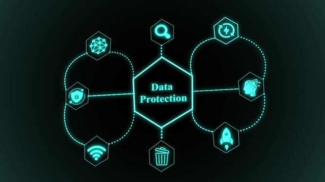 Data protection technology concept with secure digital pathways, encrypted system nodes, centralized monitoring hub, and advanced cyber infrastructure.