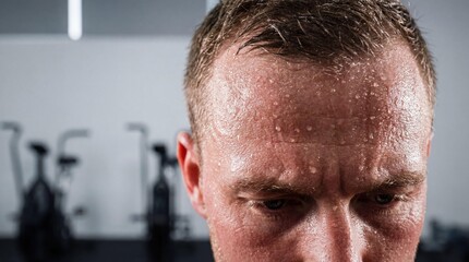 Obraz premium Close up view of a male athlete's sweaty forehead after an intense workout in a bright, clean gym setting, showcasing droplets.