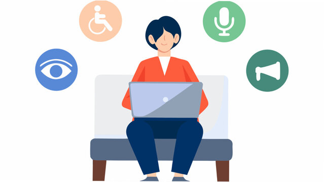 Person using laptop with accessibility icons around them