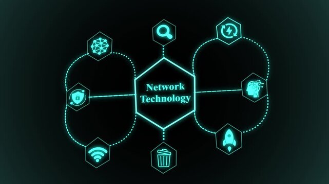 Network technology visualization with interconnected digital systems, intelligent routing nodes, centralized processing hub, and scalable architecture.