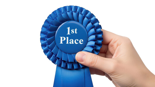 Hand holding first place blue award ribbon rosette PNG with alpha channel for success themes