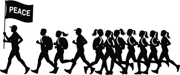 Peace march silhouette vector illustration, showing people walking together with peace flag, unity demonstration, protest, and social movement concept for advocacy design