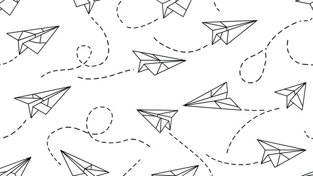 Paper airplane seamless pattern vector with dashed flight paths illustrating travel, freedom, creativity, communication, and playful movement in minimalist line art style