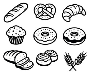 Hand drawn line art baked goods set featuring bread, pastries, donuts, and wheat for food and breakfast designs