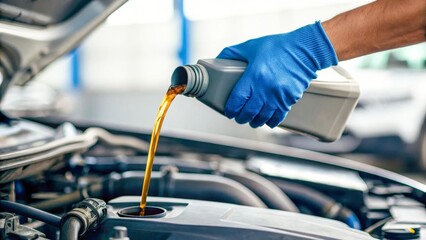 A person in blue gloves pours engine oil into a car's engine. The scene is set in a garage with a focus on vehicle maintenance and care.
