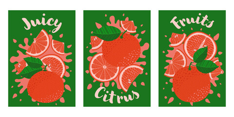 Citrus poster collection featuring whole grapefruits and slices on a green background. Illustrations with splashes, perfect for summer ads, organic product labels, healthy food branding, and packaging