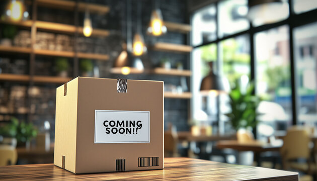 Brown cardboard box with coming soon. label sits on wooden table in cafe interior. Package announcement signals new business