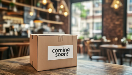 Brown cardboard box with coming soon. label sits on wooden table in cafe interior. Package announcement signals new business