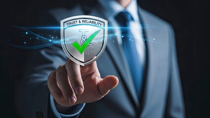 Businessman holding a shield with trust and reliability symbol on a dark background with blue glowing effects