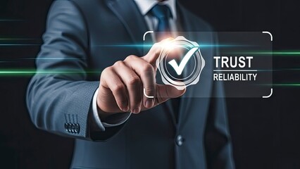 Businessman in suit holds virtual checkmark symbol representing trust and reliability in technology and finance