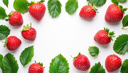 Fresh ripe red strawberries form a decorative border around a white background, perfect for food design