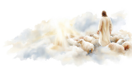 Shepherd Jesus Christ Taking Care of Sheep Watercolor Illustration Isolated on White Background