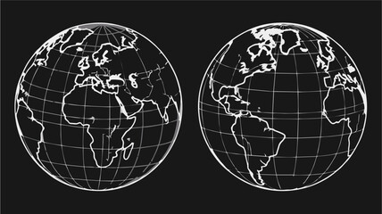 Minimalist globe line art illustration showing Eastern and Western hemispheres with latitude and longitude lines. Black and white vector for global geography and education.