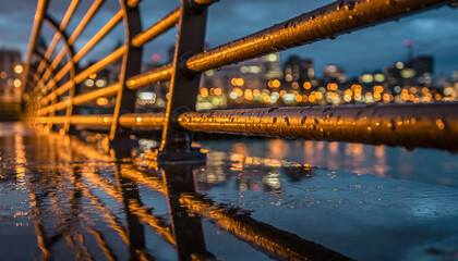Fototapeta premium Rainy evening reflections of a city skyline behind a wet metal railing
