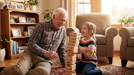 Grandfather and granddaughter enjoying a game of Jenga