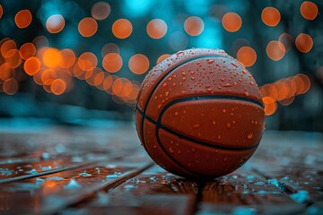 Close-up of a Basketball on a Wet Surface with Bokeh Lights