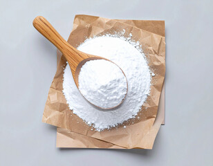 Nontoxic agent. Pile of powdered detergent with a wooden spoon on kraft paper on a white background.