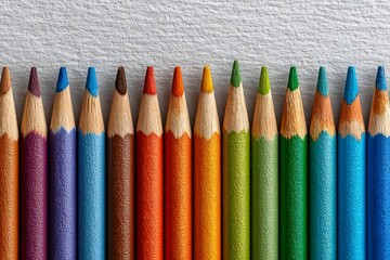 Colorful Wooden Pencils Arranged in a Perfect Line on Textured Paper