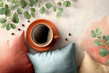 Cozy Coffee Scene with Cushions and Eucalyptus Leaves on Table