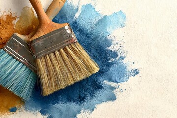 Creative Art Supplies with Paint Brushes and Color Strokes on Canvas - copy space background