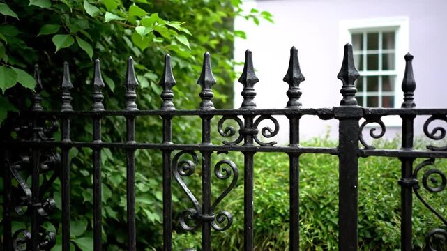 Decorative black wrought iron fence with green bushes.