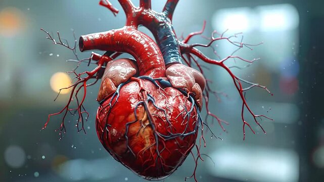Detailed 3D render of a human heart with intricate blood vessels, showcasing medical anatomy.