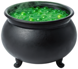A darkly textured, cast iron cauldron brimming with luminous, translucent green spherical bubbles, sits steadily on three ornate legs, illuminated by a soft,, isolated on transparent background.