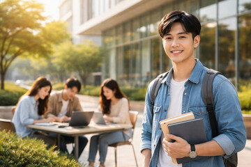 Confident young university student holding books with classmates studying in background,Generative ai