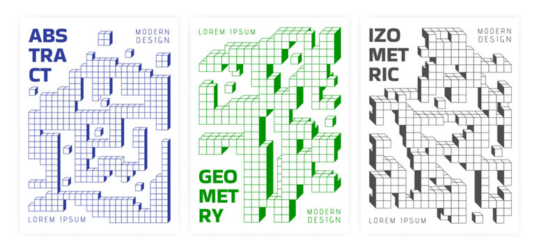 Isometric cube poster. Geometric line pattern. 3D square design. Abstract construction concept. Tetris shapes. Simple puzzle blocks. Modern brochure templates set. Vector minimal graphic garish cover